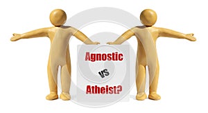 Agnostic Vs Atheist. Yellow plasticine human figures with card pointing in opposite directions isolated on white photo