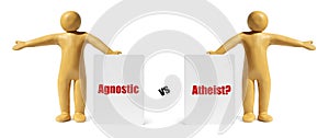 Agnostic Vs Atheist. Yellow plasticine human figures with cards pointing in opposite directions isolated on white photo