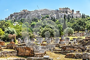 Agora in Athens, Greece. Scenic view of ancient Greek ruins and Acropolis in distance