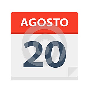 Agosto 20 - Calendar Icon - August 20. Vector illustration of Spanish Calendar Leaf