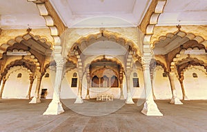 Agra Fort medieval architecture of the royal enclosure with carved marble pillars at Agra India