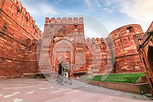 Agra Fort medieval red sandstone entrance gateway at Agra India