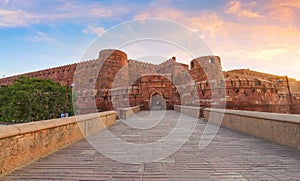 Agra Fort red sandstone fort of medieval India at sunrise at Agra India