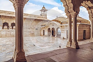 Agra Fort white marble medieval palace architecture with intricate artwork at Agra India