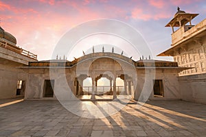 Agra Fort white marble royal palace ancient architecture at sunrise at Agra India