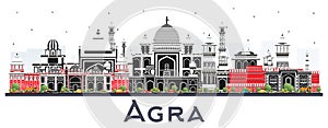 Agra India City Skyline with Color Buildings Isolated on White