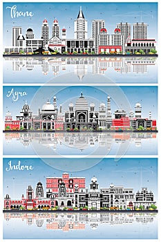 Agra, Thane and Indore India City Skylines Set with Color Buildings, Blue Sky and Reflections