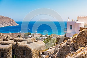 Agrari Beach Mykonos Greece blue sea, wild, quiet famous for diving snorkeling