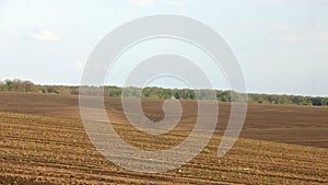 Agrarian fields after heavy rain, deposits of chernozem and various debris on the field