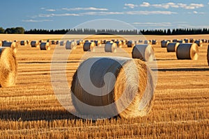 Agrarian landscape Hay bales scattered across a golden field