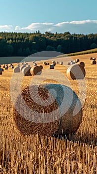 Agrarian landscape Hay bales scattered across a golden field