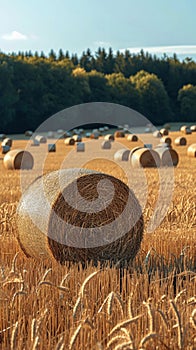 Agrarian landscape Hay bales scattered across a golden field