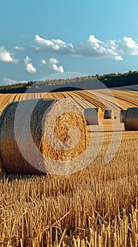 Agrarian landscape Hay bales scattered across a golden field