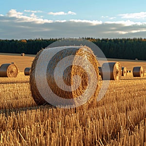 Agrarian landscape Hay bales scattered across a golden field