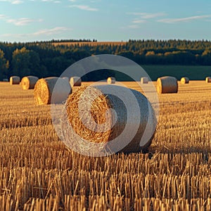 Agrarian landscape Hay bales scattered across a golden field