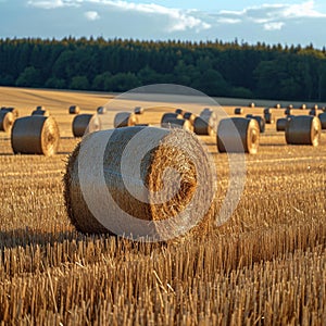 Agrarian landscape Hay bales scattered across a golden field