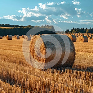 Agrarian landscape Hay bales scattered across a golden field