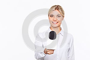 Agreeable TV announcer being involved in work