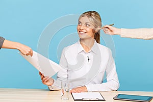 Agreeable TV announcer preparing for broadcasting