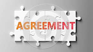 Agreement complex like a puzzle - pictured as word Agreement on a puzzle pieces to show that Agreement can be difficult and needs