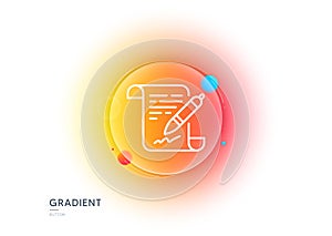 Agreement document line icon. Contract file signature sign. Gradient blur button. Vector