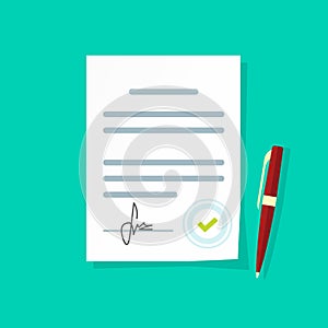 Agreement document vector icon, legal paper sheet contract page with signature and approved stamp photo