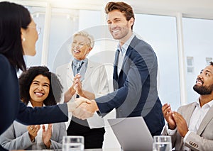 Agreement, happiness and business people shaking hands for investment proposal success, b2b contract deal or merger