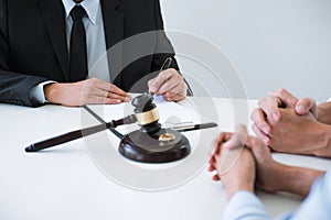 Agreement prepared by lawyer signing decree of divorce dissolution or cancellation of marriage, husband and wife during divorce