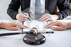 Agreement prepared by lawyer signing decree of divorce dissolution or cancellation of marriage, husband and wife during divorce