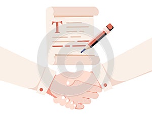 Agreement. Shaking hands and signed contract. Concept business vector illustration. Contract papers. Document signature