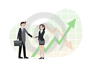 Agreement between two business partners. Finance chart, analitics, arrows on background