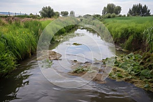agri runoff entering a river, with fish and water plants visible