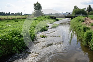 agri runoff entering a river, with fish and water plants visible