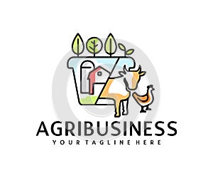 Agribusiness, silos or storage, barn, plants, cow and chicken, logo design. Agriculture, farm, farming, garden and animal husbandr