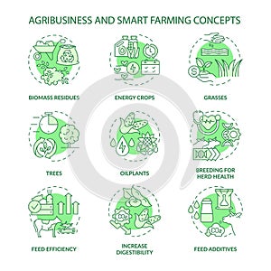 Agribusiness and smart farming green concept icons set