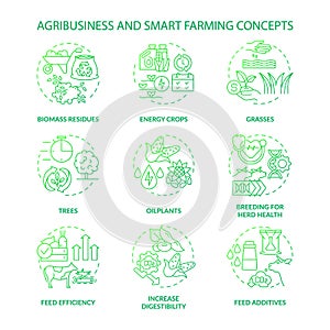 Agribusiness and smart farming green gradient concept icons set