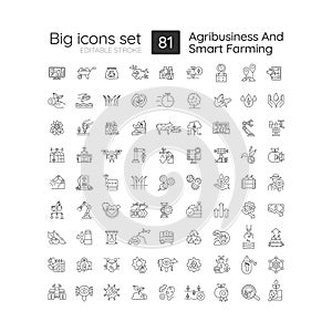 Agribusiness and smart farming linear icons set