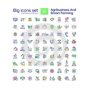 Agribusiness and smart farming RGB color icons set