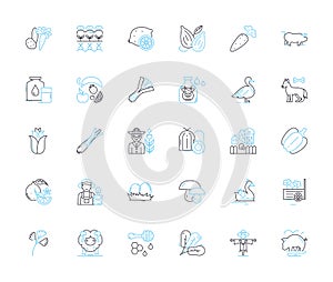 Agribusiness tools linear icons set. Harvesters, Tractors, Cultivators, Irrigation, Fertilizers, Seedlings, Greenhouses