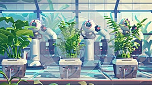 Agricultural automation, smart farm, cartoon modern illustration. Digital devices in greenhouse automatically control photo