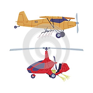 Agricultural aviation. Biplane and rotorcraft with propeller for agricultural and farming works flat vector illustration