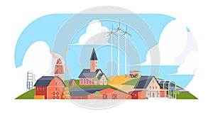 Agricultural background. Rural landscape with old village with farm buildings cottages windmill garish vector flat