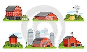 Agricultural Buildings Collection, Countryside Life and Industrial Objects, Farm House, Barn, Silo Towers Vector