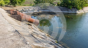 Agricultural canal or irrigation canal in a concrete wall Direct water to the farmer`s farmland in arid areas of risky farming