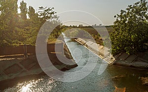 Agricultural canal or irrigation canal in a concrete wall Direct water to the farmer`s farmland in arid areas of risky farming