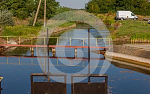 Agricultural canal or irrigation canal in a concrete wall Direct water to the farmer`s farmland in arid areas of risky farming