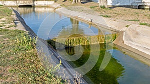 Agricultural canal or irrigation canal in a concrete wall Direct water to the farmer`s farmland in arid areas of risky farming