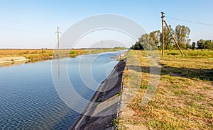 Agricultural canal or irrigation canal in a concrete wall Direct water to the farmer`s farmland in arid areas of risky farming