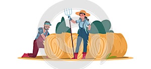 Agricultural cartoon workers. Man and woman work on the farm. Vector images working gardener