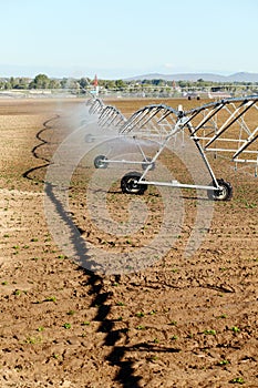 An agricultural center pivot irrigation system.